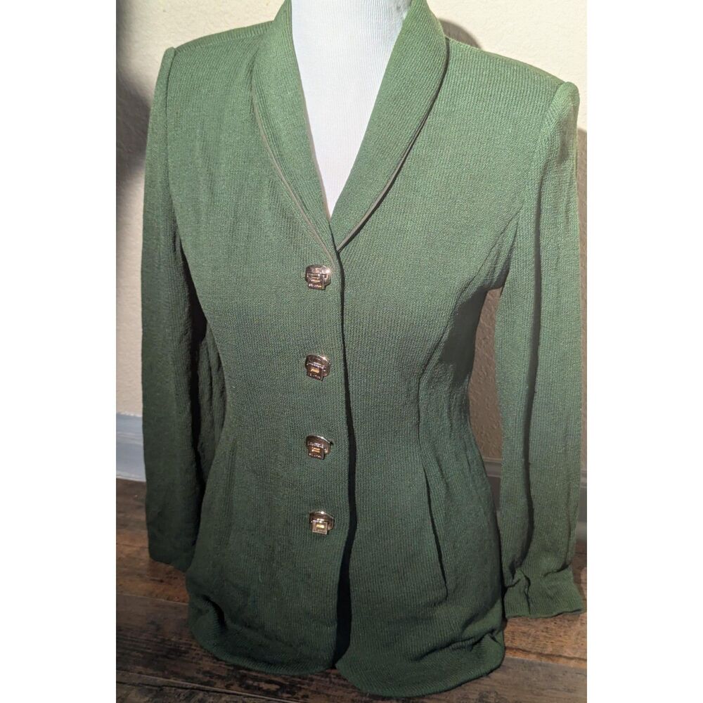 St. John Collection Santana Knit Jacket Blazer Dark Green Gold Buttons Size 4